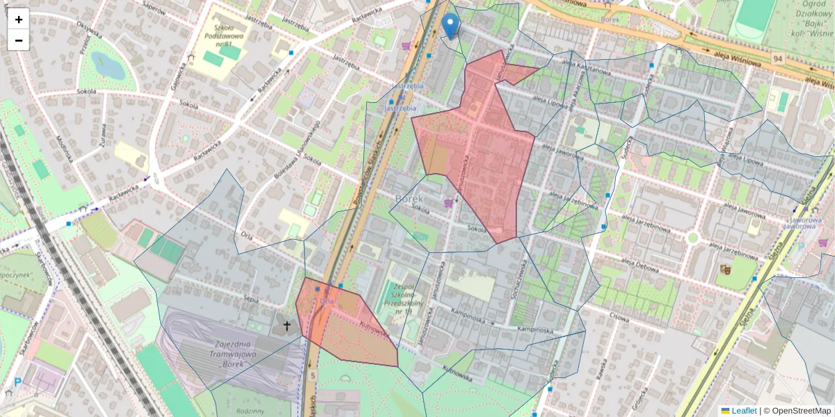 Szczegółowa mapa kodu pocztowego 53-135 z granicami, sąsiednimi kodami pocztowymi i urzędami pocztowymi
