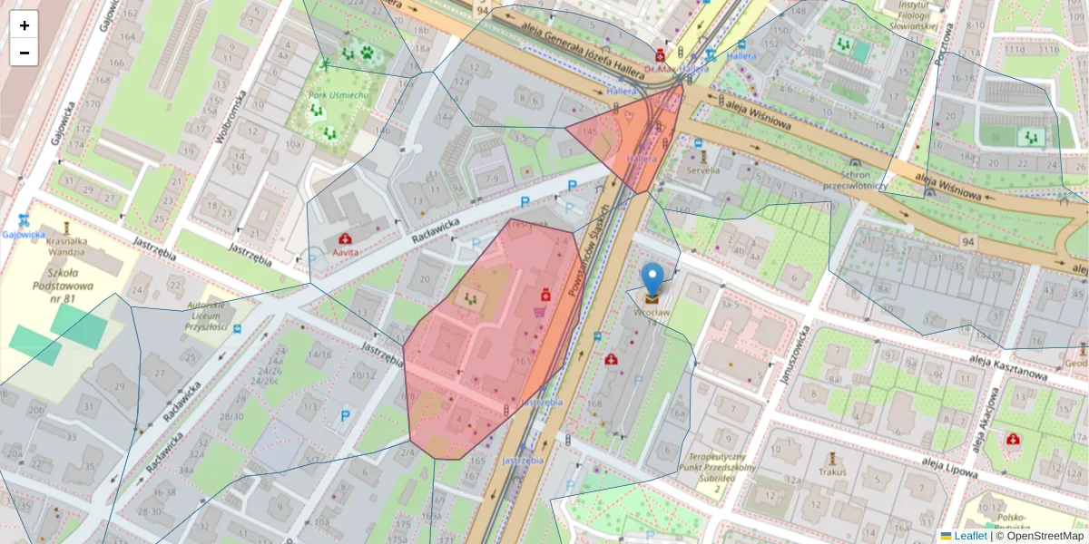 Szczegółowa mapa kodu pocztowego 53-138 z granicami, sąsiednimi kodami pocztowymi i urzędami pocztowymi