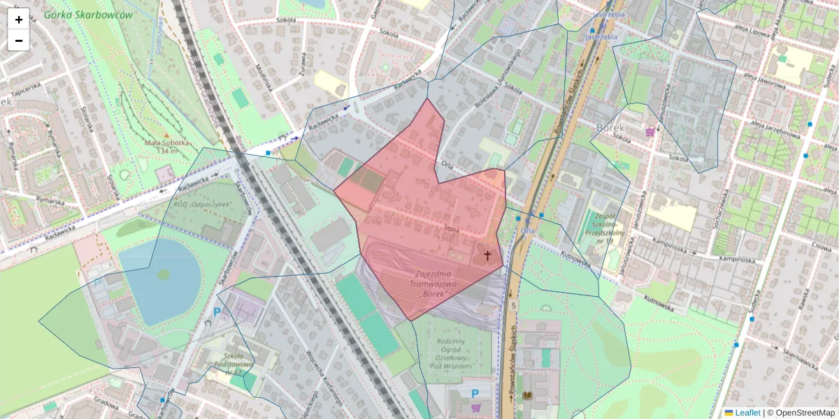 Szczegółowa mapa kodu pocztowego 53-143 z granicami, sąsiednimi kodami pocztowymi i urzędami pocztowymi
