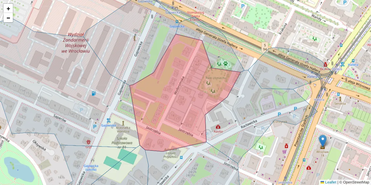 Szczegółowa mapa kodu pocztowego 53-148 z granicami, sąsiednimi kodami pocztowymi i urzędami pocztowymi