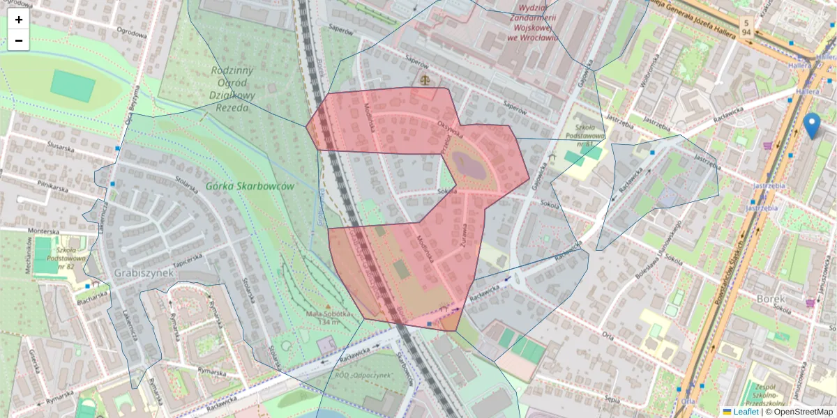 Szczegółowa mapa kodu pocztowego 53-152 z granicami, sąsiednimi kodami pocztowymi i urzędami pocztowymi