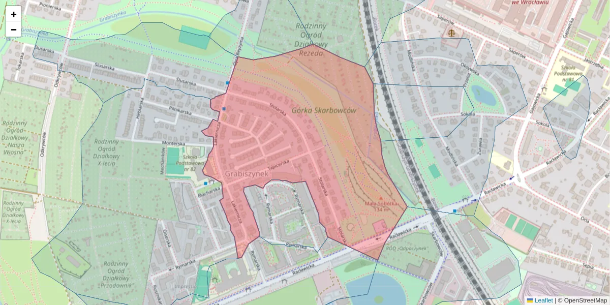 Szczegółowa mapa kodu pocztowego 53-205 z granicami, sąsiednimi kodami pocztowymi i urzędami pocztowymi