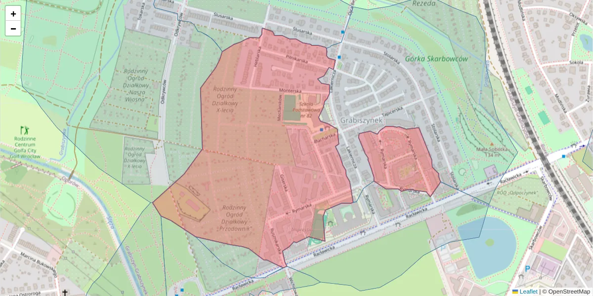 Szczegółowa mapa kodu pocztowego 53-206 z granicami, sąsiednimi kodami pocztowymi i urzędami pocztowymi