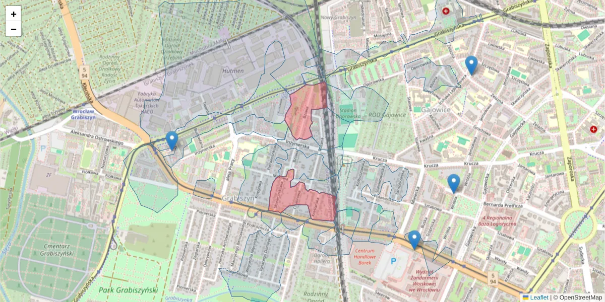 Szczegółowa mapa kodu pocztowego 53-224 z granicami, sąsiednimi kodami pocztowymi i urzędami pocztowymi