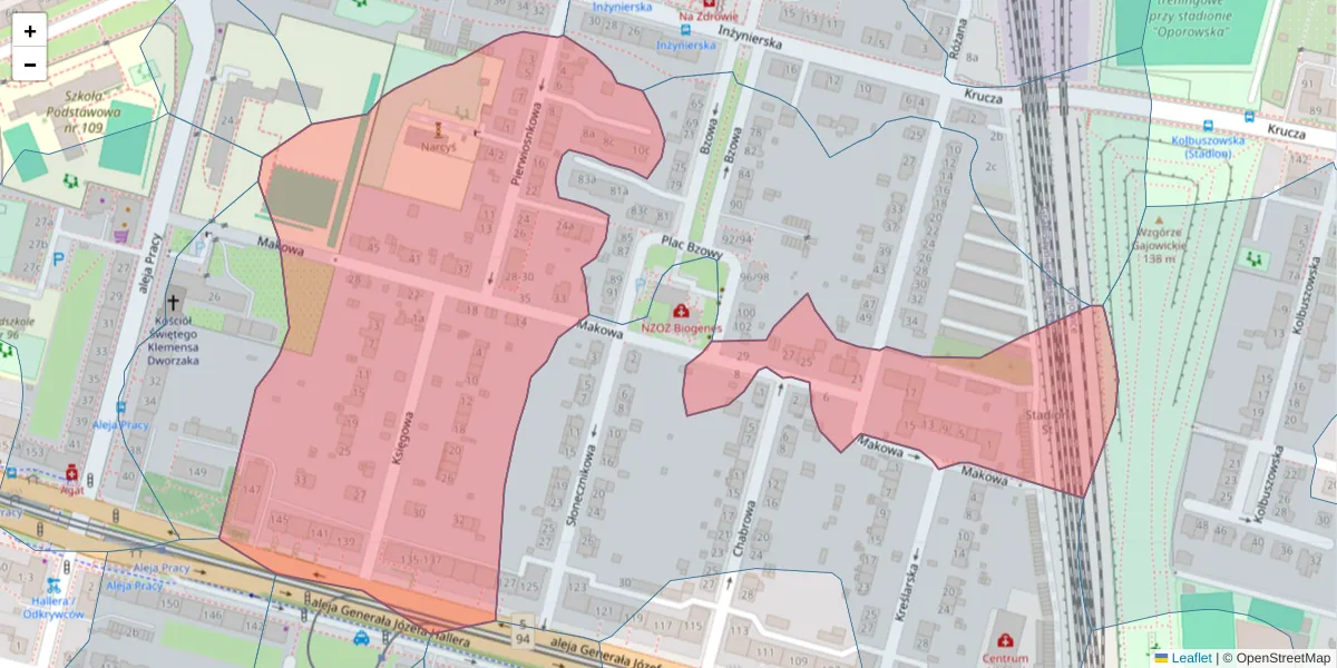 Szczegółowa mapa kodu pocztowego 53-225 z granicami, sąsiednimi kodami pocztowymi i urzędami pocztowymi