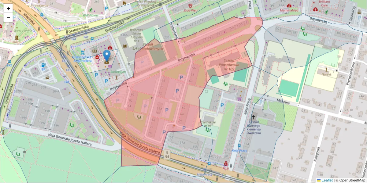 Szczegółowa mapa kodu pocztowego 53-230 z granicami, sąsiednimi kodami pocztowymi i urzędami pocztowymi