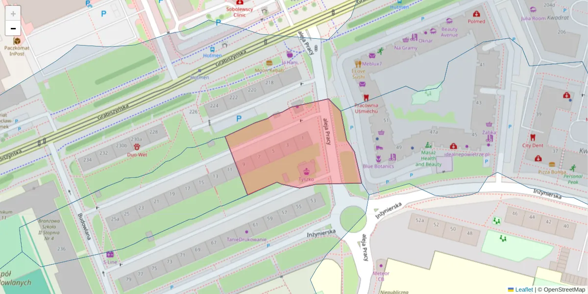 Szczegółowa mapa kodu pocztowego 53-233 z granicami, sąsiednimi kodami pocztowymi i urzędami pocztowymi