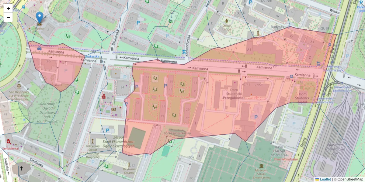 Szczegółowa mapa kodu pocztowego 53-307 z granicami, sąsiednimi kodami pocztowymi i urzędami pocztowymi