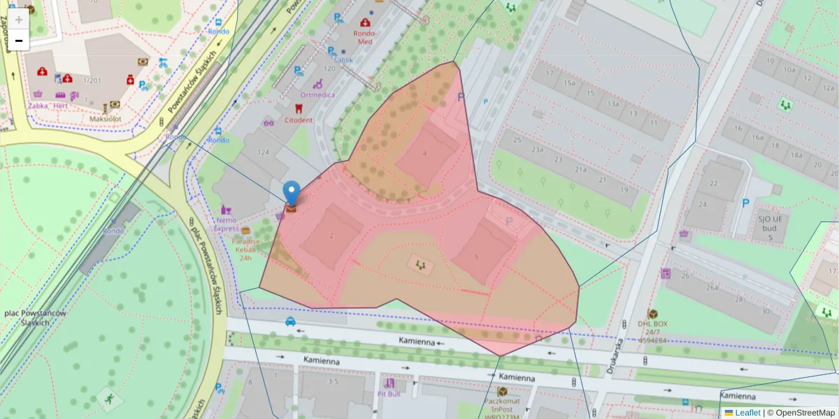 Szczegółowa mapa kodu pocztowego 53-308 z granicami, sąsiednimi kodami pocztowymi i urzędami pocztowymi