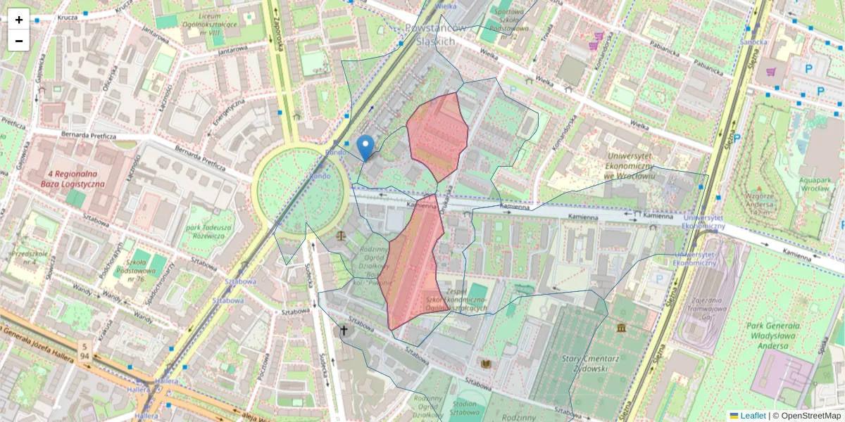 Szczegółowa mapa kodu pocztowego 53-311 z granicami, sąsiednimi kodami pocztowymi i urzędami pocztowymi
