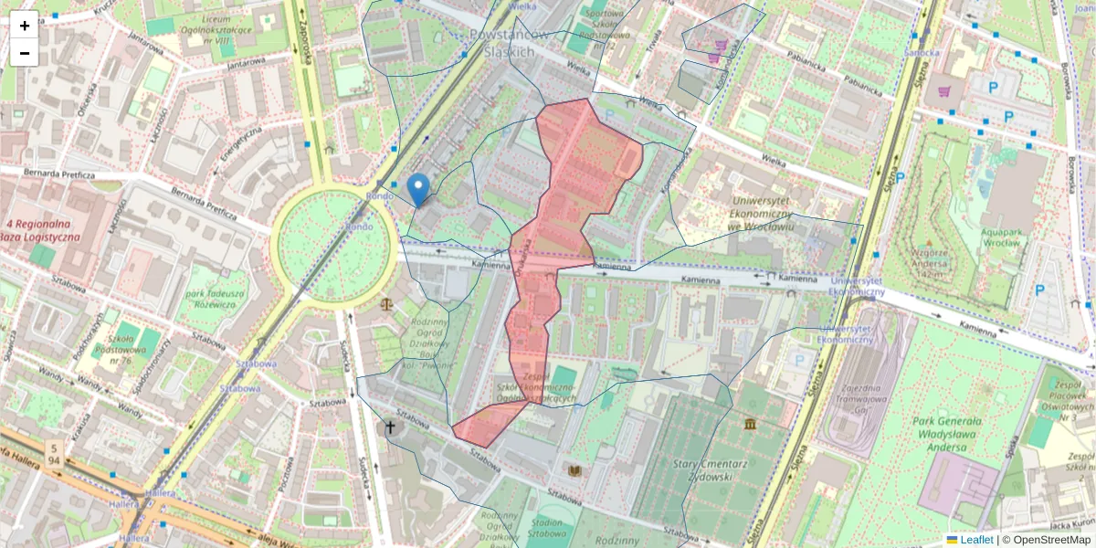 Szczegółowa mapa kodu pocztowego 53-312 z granicami, sąsiednimi kodami pocztowymi i urzędami pocztowymi