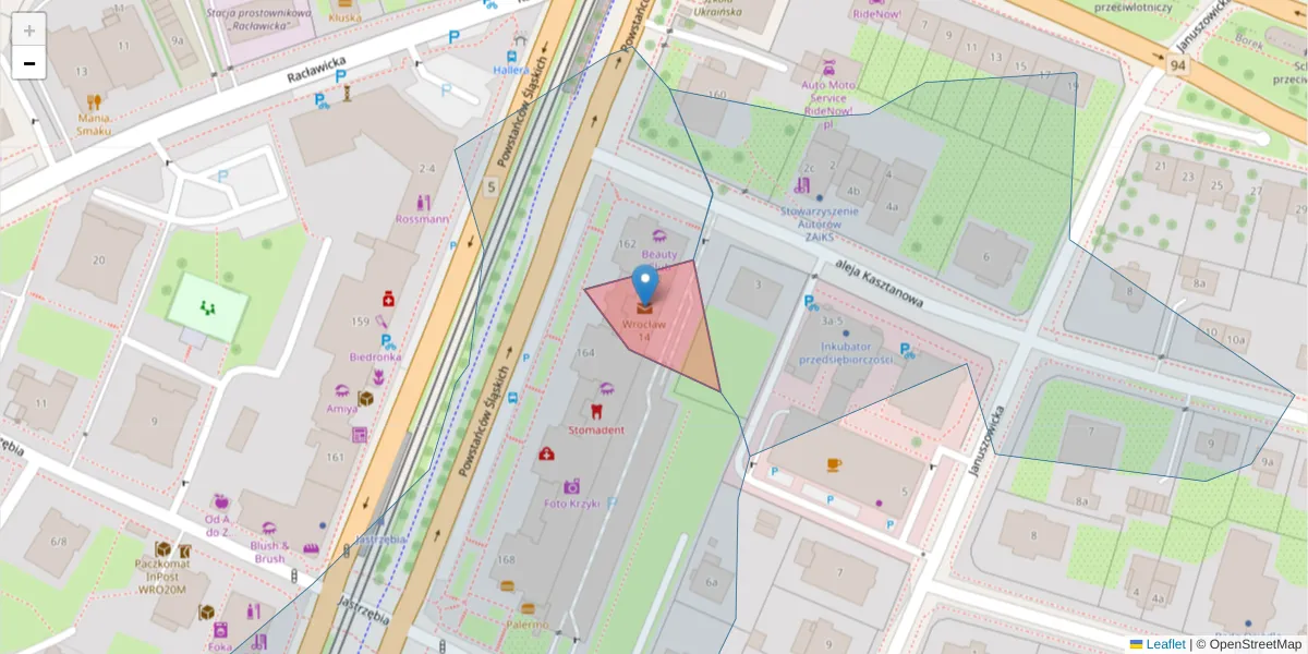 Szczegółowa mapa kodu pocztowego 53-316 z granicami, sąsiednimi kodami pocztowymi i urzędami pocztowymi