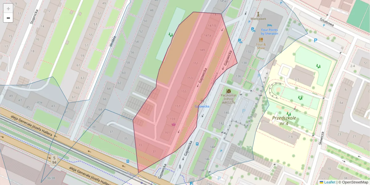 Szczegółowa mapa kodu pocztowego 53-323 z granicami, sąsiednimi kodami pocztowymi i urzędami pocztowymi