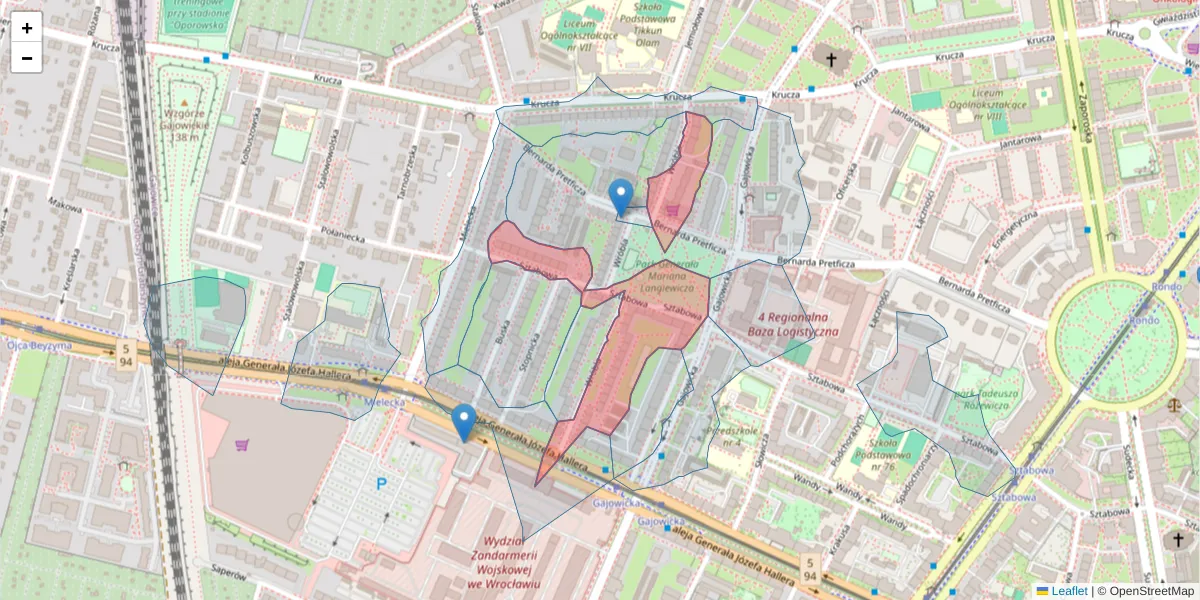 Szczegółowa mapa kodu pocztowego 53-327 z granicami, sąsiednimi kodami pocztowymi i urzędami pocztowymi