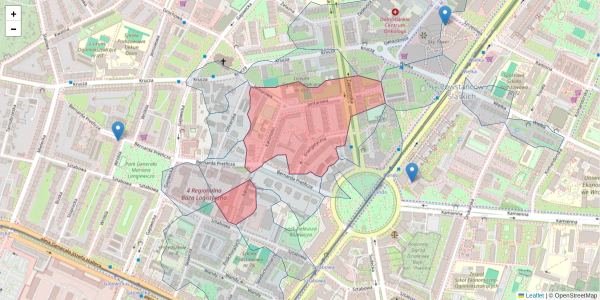 Szczegółowa mapa kodu pocztowego 53-330 z granicami, sąsiednimi kodami pocztowymi i urzędami pocztowymi