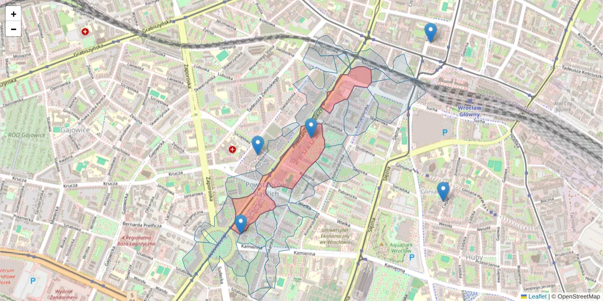 Szczegółowa mapa kodu pocztowego 53-333 z granicami, sąsiednimi kodami pocztowymi i urzędami pocztowymi