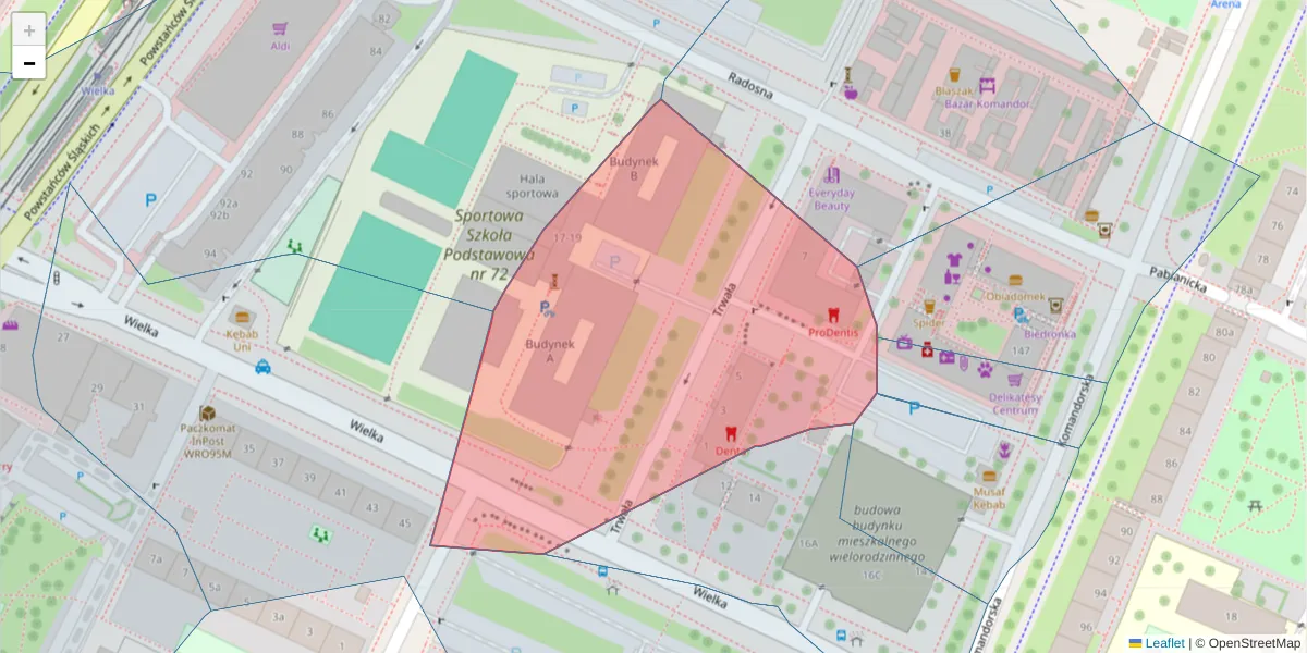 Szczegółowa mapa kodu pocztowego 53-335 z granicami, sąsiednimi kodami pocztowymi i urzędami pocztowymi