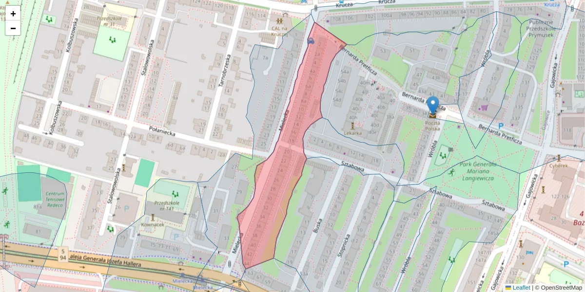 Szczegółowa mapa kodu pocztowego 53-402 z granicami, sąsiednimi kodami pocztowymi i urzędami pocztowymi
