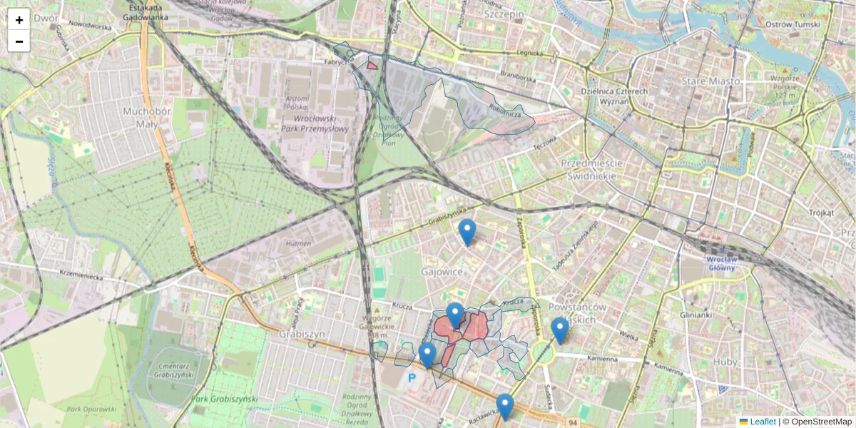 Szczegółowa mapa kodu pocztowego 53-407 z granicami, sąsiednimi kodami pocztowymi i urzędami pocztowymi