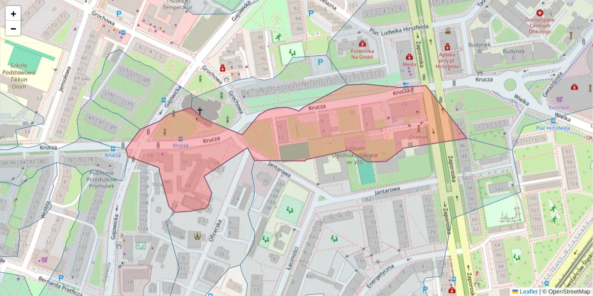 Szczegółowa mapa kodu pocztowego 53-411 z granicami, sąsiednimi kodami pocztowymi i urzędami pocztowymi