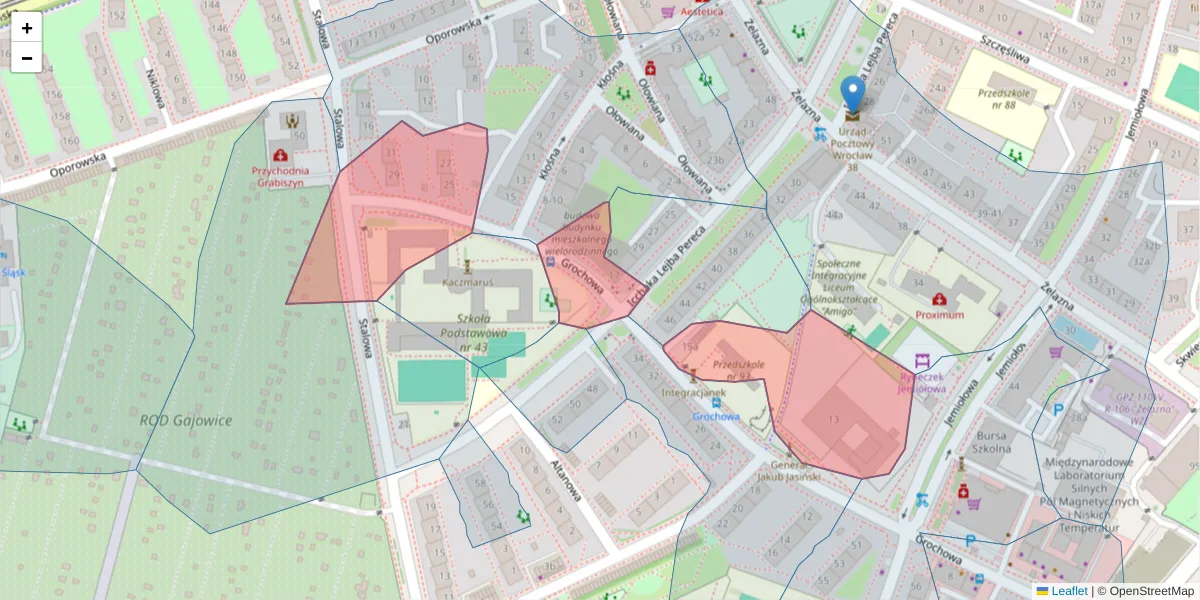 Szczegółowa mapa kodu pocztowego 53-423 z granicami, sąsiednimi kodami pocztowymi i urzędami pocztowymi