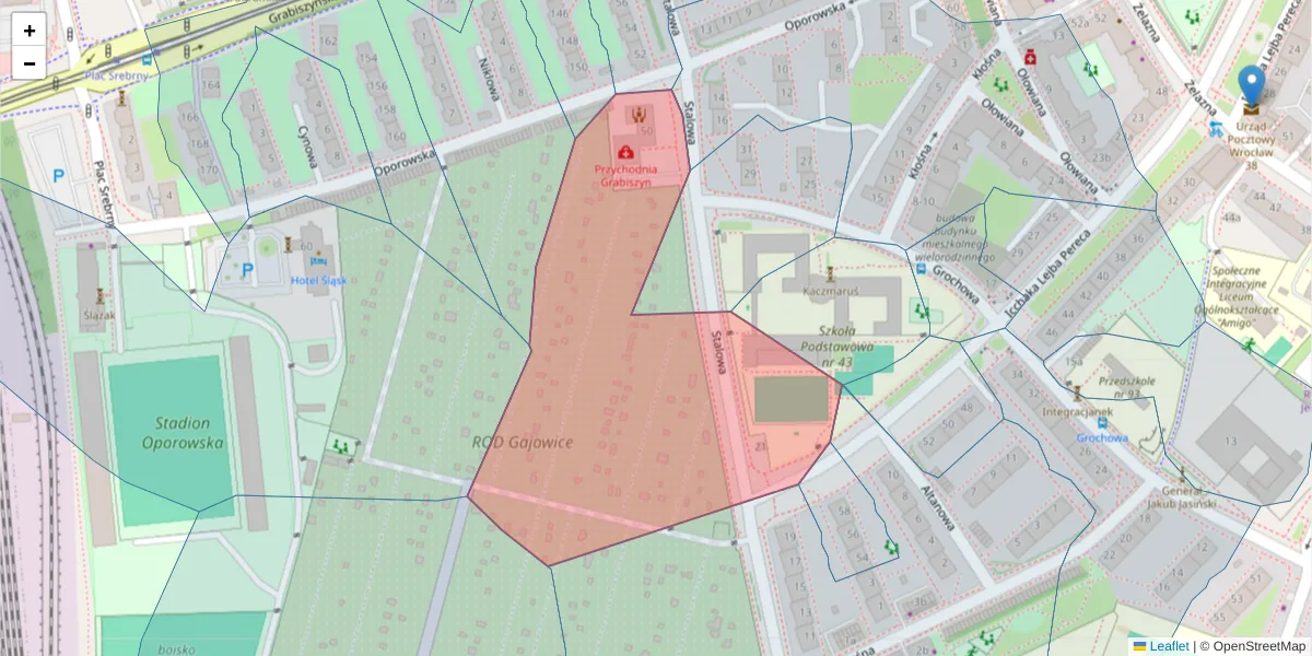 Szczegółowa mapa kodu pocztowego 53-433 z granicami, sąsiednimi kodami pocztowymi i urzędami pocztowymi