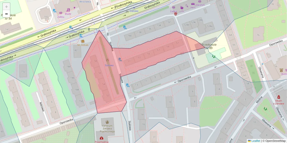 Szczegółowa mapa kodu pocztowego 53-438 z granicami, sąsiednimi kodami pocztowymi i urzędami pocztowymi