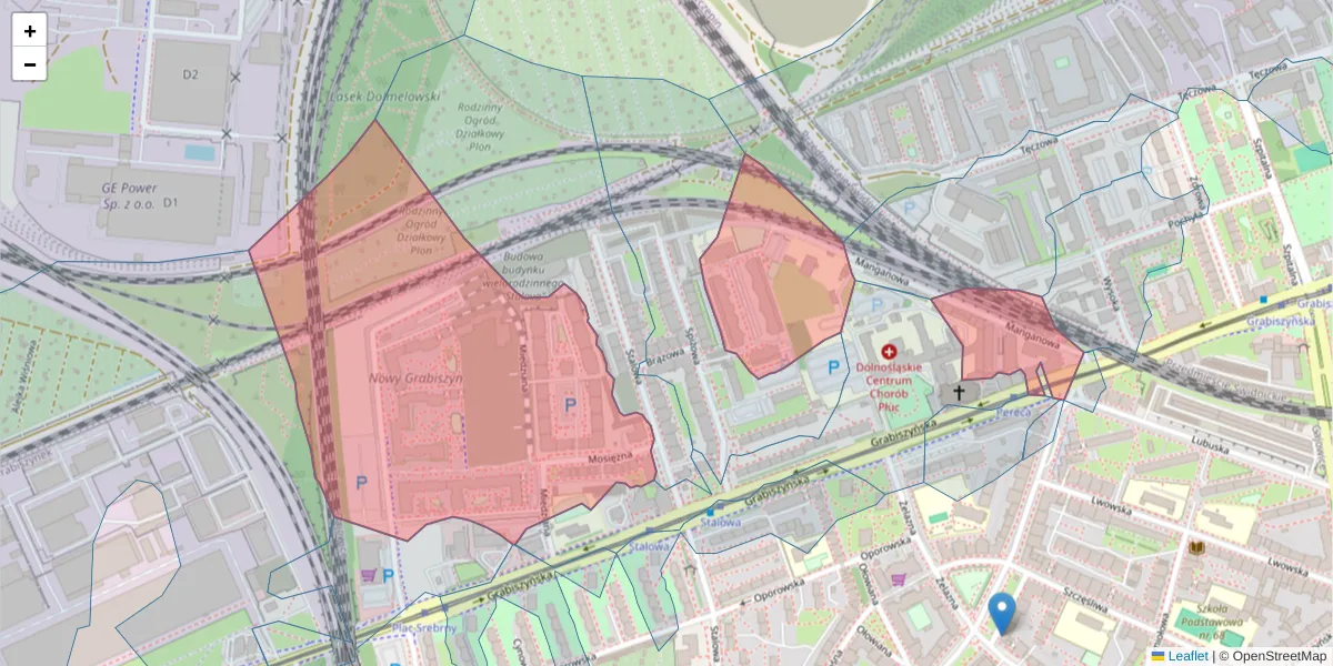 Szczegółowa mapa kodu pocztowego 53-441 z granicami, sąsiednimi kodami pocztowymi i urzędami pocztowymi