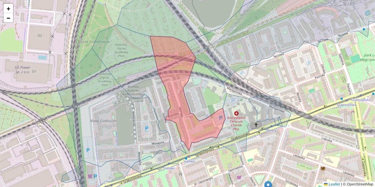 Szczegółowa mapa kodu pocztowego 53-442 z granicami, sąsiednimi kodami pocztowymi i urzędami pocztowymi