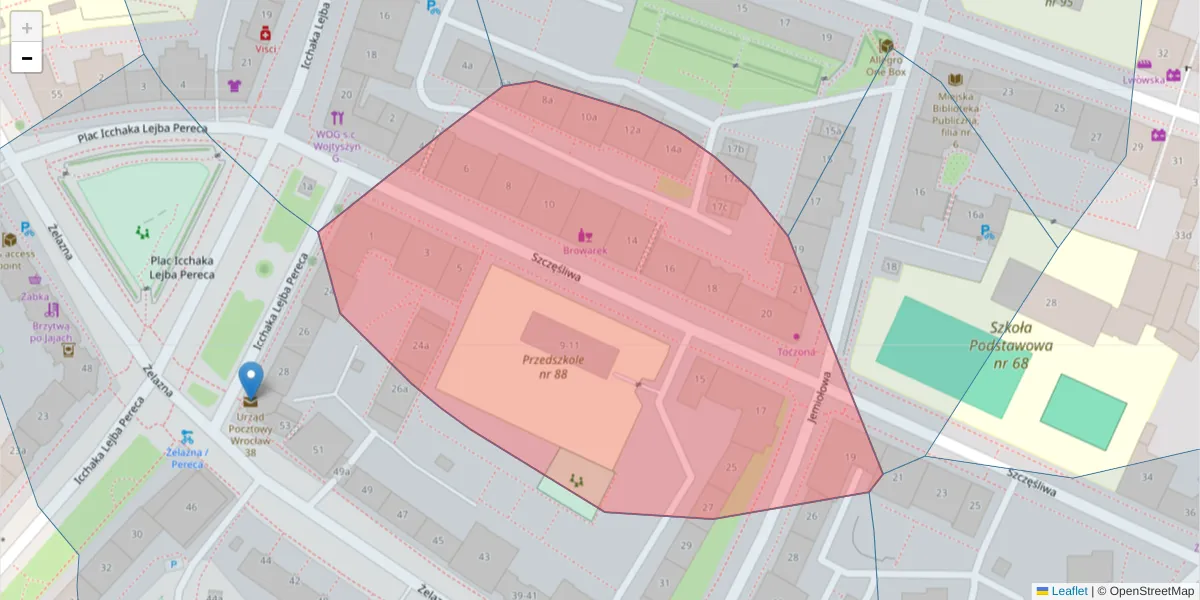 Szczegółowa mapa kodu pocztowego 53-446 z granicami, sąsiednimi kodami pocztowymi i urzędami pocztowymi