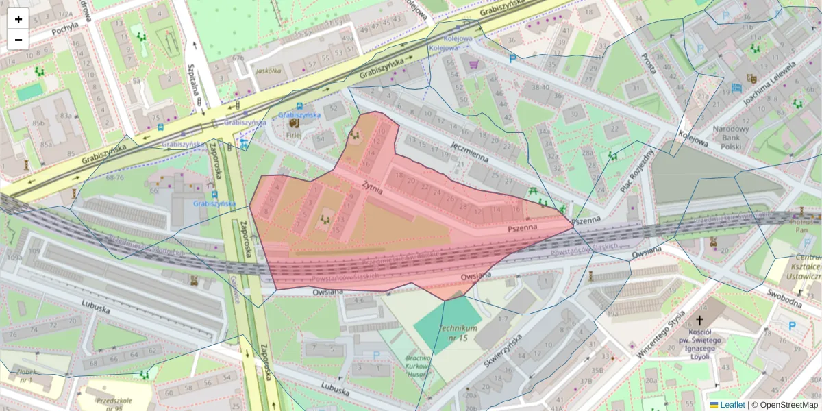Szczegółowa mapa kodu pocztowego 53-506 z granicami, sąsiednimi kodami pocztowymi i urzędami pocztowymi