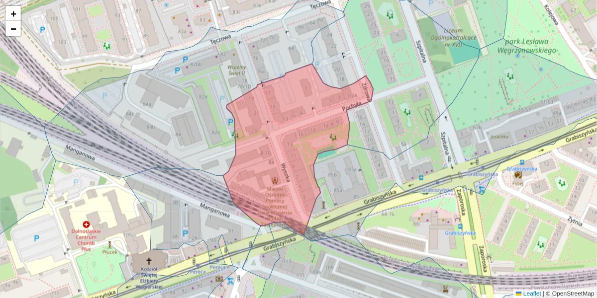 Szczegółowa mapa kodu pocztowego 53-512 z granicami, sąsiednimi kodami pocztowymi i urzędami pocztowymi