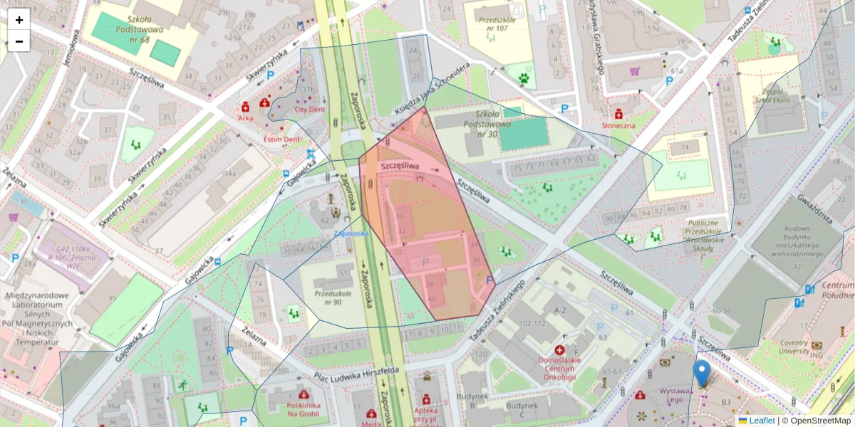 Szczegółowa mapa kodu pocztowego 53-520 z granicami, sąsiednimi kodami pocztowymi i urzędami pocztowymi