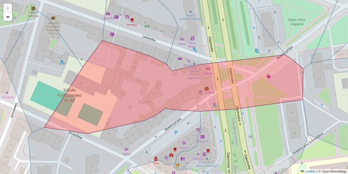 Szczegółowa mapa kodu pocztowego 53-521 z granicami, sąsiednimi kodami pocztowymi i urzędami pocztowymi
