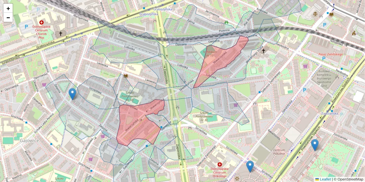 Szczegółowa mapa kodu pocztowego 53-522 z granicami, sąsiednimi kodami pocztowymi i urzędami pocztowymi