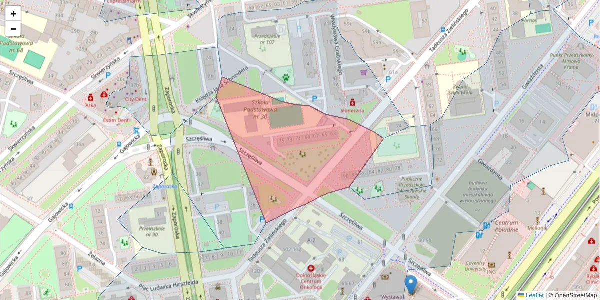 Szczegółowa mapa kodu pocztowego 53-523 z granicami, sąsiednimi kodami pocztowymi i urzędami pocztowymi