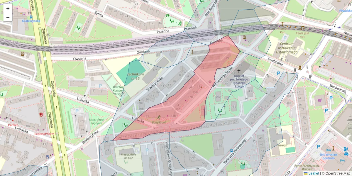 Szczegółowa mapa kodu pocztowego 53-525 z granicami, sąsiednimi kodami pocztowymi i urzędami pocztowymi