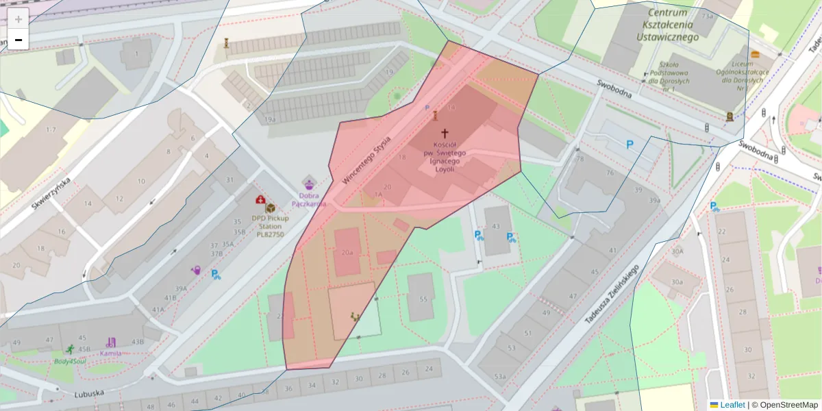 Szczegółowa mapa kodu pocztowego 53-526 z granicami, sąsiednimi kodami pocztowymi i urzędami pocztowymi