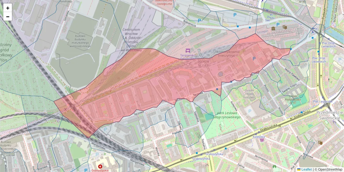 Szczegółowa mapa kodu pocztowego 53-601 z granicami, sąsiednimi kodami pocztowymi i urzędami pocztowymi
