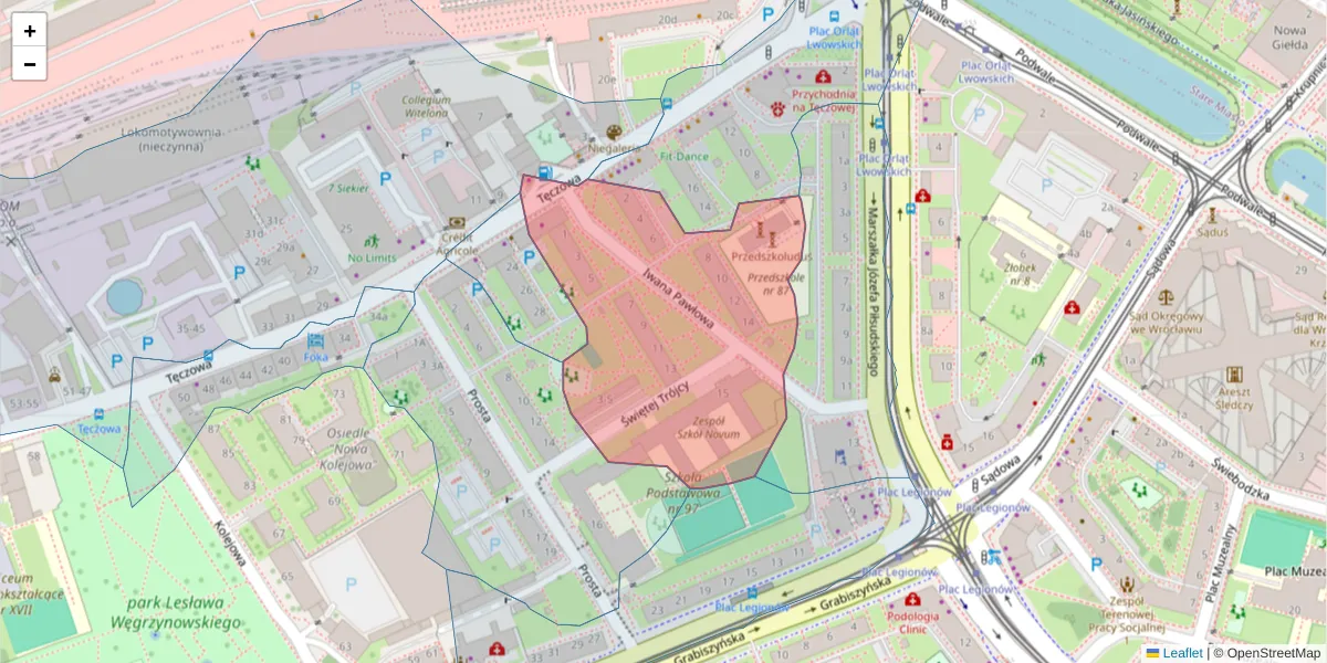 Szczegółowa mapa kodu pocztowego 53-604 z granicami, sąsiednimi kodami pocztowymi i urzędami pocztowymi