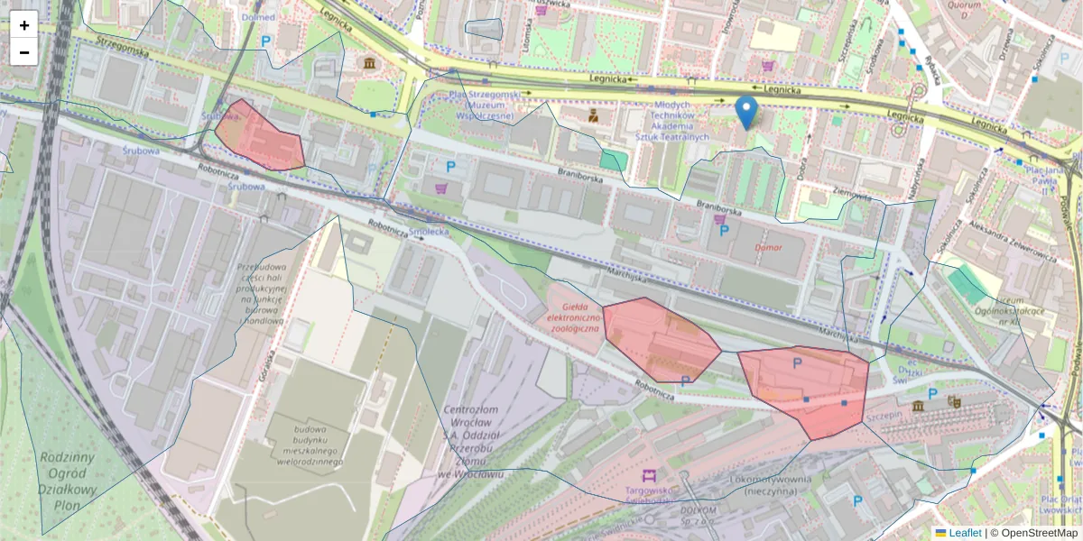 Szczegółowa mapa kodu pocztowego 53-607 z granicami, sąsiednimi kodami pocztowymi i urzędami pocztowymi