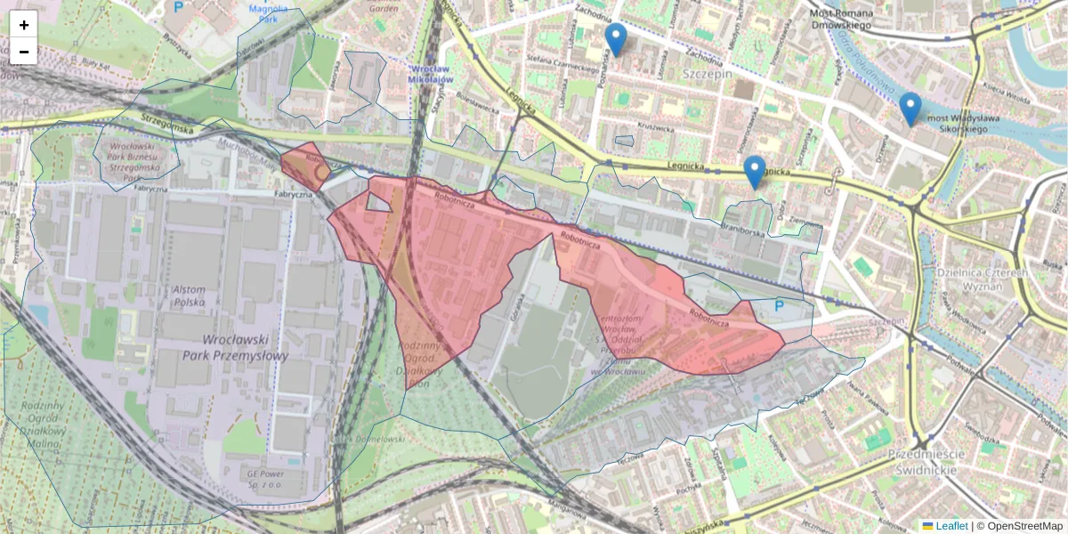 Szczegółowa mapa kodu pocztowego 53-608 z granicami, sąsiednimi kodami pocztowymi i urzędami pocztowymi