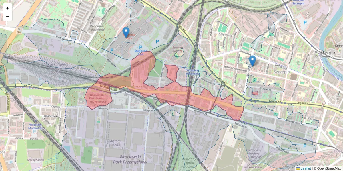 Szczegółowa mapa kodu pocztowego 53-611 z granicami, sąsiednimi kodami pocztowymi i urzędami pocztowymi