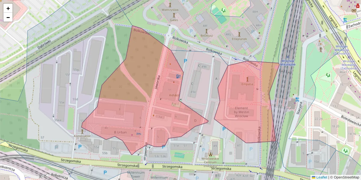 Szczegółowa mapa kodu pocztowego 53-612 z granicami, sąsiednimi kodami pocztowymi i urzędami pocztowymi