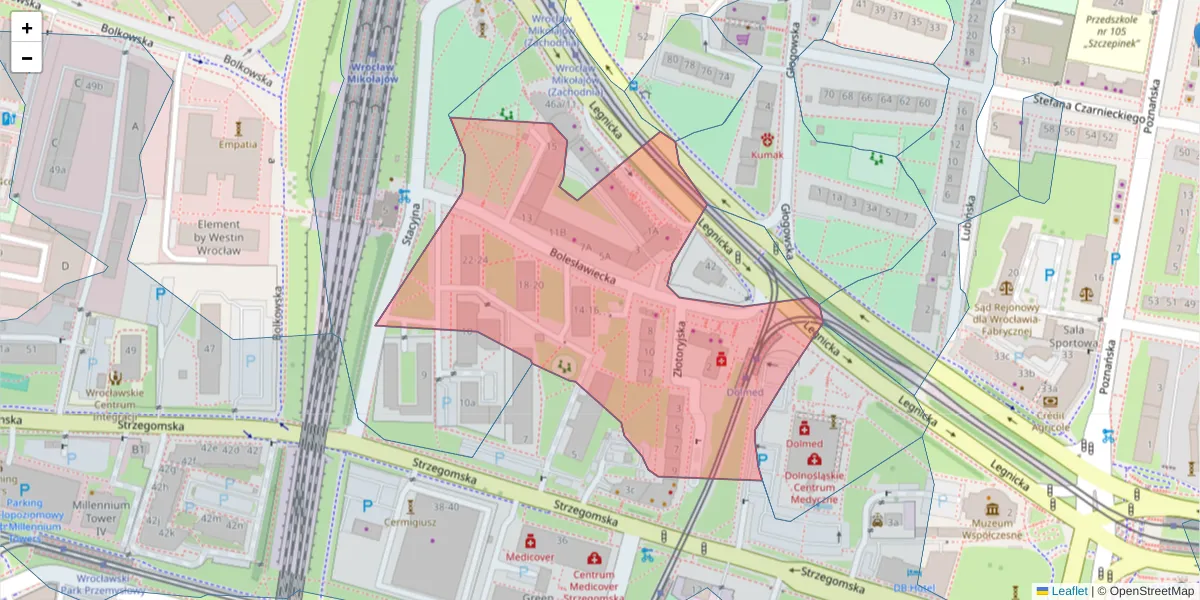 Szczegółowa mapa kodu pocztowego 53-614 z granicami, sąsiednimi kodami pocztowymi i urzędami pocztowymi