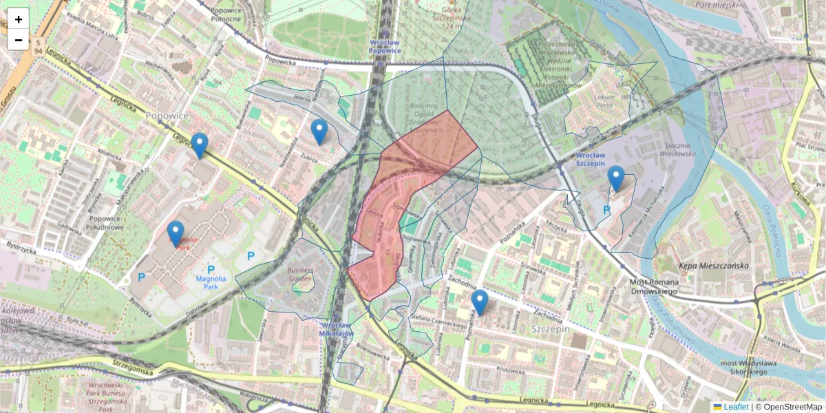 Szczegółowa mapa kodu pocztowego 53-615 z granicami, sąsiednimi kodami pocztowymi i urzędami pocztowymi