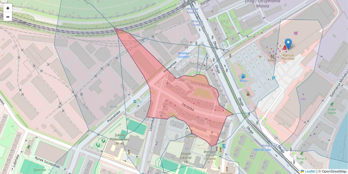 Szczegółowa mapa kodu pocztowego 53-632 z granicami, sąsiednimi kodami pocztowymi i urzędami pocztowymi