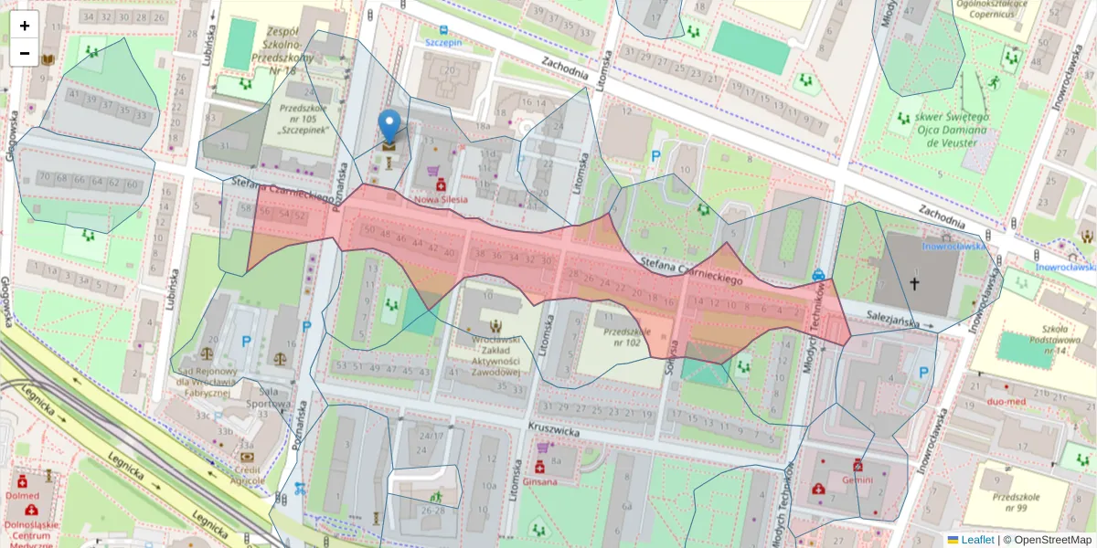 Szczegółowa mapa kodu pocztowego 53-651 z granicami, sąsiednimi kodami pocztowymi i urzędami pocztowymi