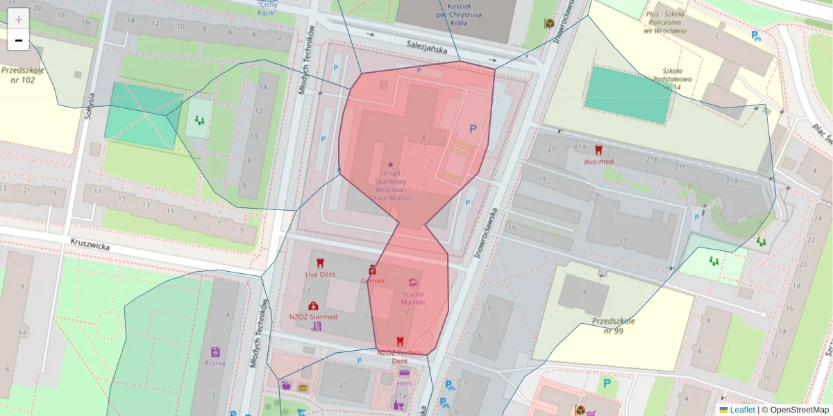 Szczegółowa mapa kodu pocztowego 53-654 z granicami, sąsiednimi kodami pocztowymi i urzędami pocztowymi