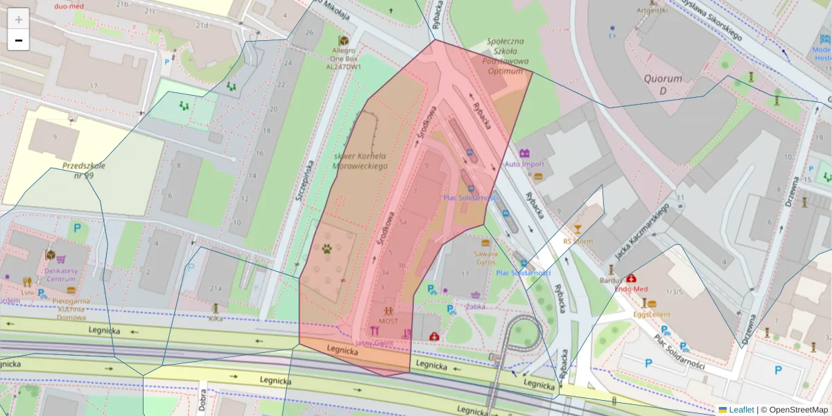 Szczegółowa mapa kodu pocztowego 53-662 z granicami, sąsiednimi kodami pocztowymi i urzędami pocztowymi